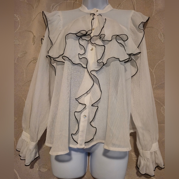 Zara White Blouse with Black Trim Ruffles - Picture 2 of 5